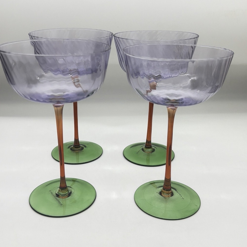 Anthropologie Coupe cocktail Glasses Set Of 4 Color Block Purple Amber Green Rib